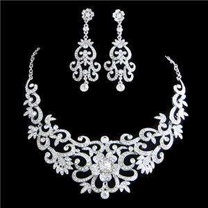 VTG Style Flower Necklace Earring Set Swarovski Crystal Bridal Floral 