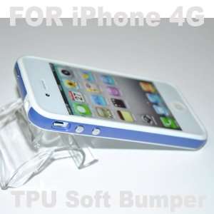  Soft Bumper Frame Case for Apple Iphone4 4g   Blue with White + Free 