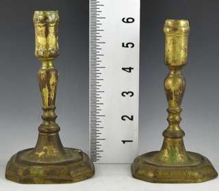 Pair 2 Antique Queen Anne Brass Candlesticks 1700s  