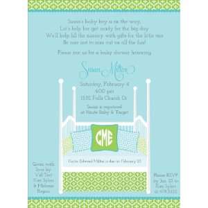    Four Post Crib Blue & Green Baby Shower Invitations
