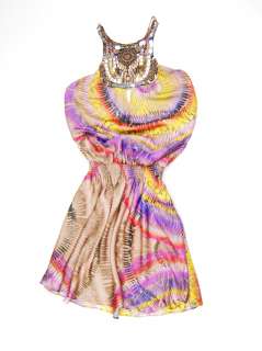   multicolor draped back print beaded halter dress S $268 New  