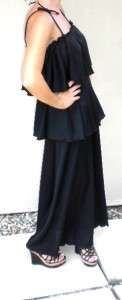 VTG GLAM HIPPIE TIERED BLACK HOSTESS MAXI DRESS GOWN M L strappy long 