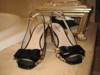 NEW $89~ELLEN TRACY LEOPARD PRINT LEATHER WEDGE HEEL SHOES WITH BLACK 