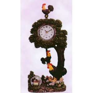 Colorful Roosters Under Tree Sculptured Swing Clock with Water Globe 