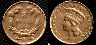 1856 S $3 Gold Indian Princess $3 dollar coin  