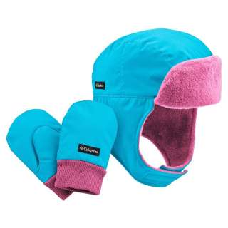 NEW Columbia Earflap Bomber Hat & Mittens Set Infant Toddler Girls 