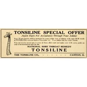  1920 Ad Tonsiline Sore Throat Treatment Giraffe Canton 