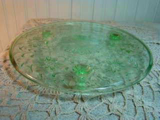 GREEN URANIUM DEPRESSION FLORAL FTD CAKE PLATE MARKED US GLASS  