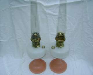 Matching Vintage Aladdin Diamond Quilt Moonstone Oil Lamps Model B 