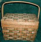 VINTAGE WOVEN BASKET W/HANDLE AND HINGED COVER WOOD AND FIBER NATURAL 