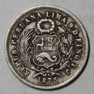 1875 Peru silver 1 DINERO (10 centavos) 150+ YEAR OLD Coin  