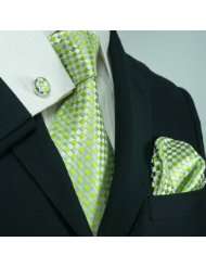 Landisun 341 Bright Green Plaids & Checks Mens Silk Tie Set Tie+Hanky 