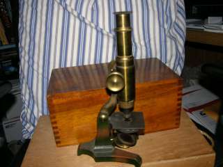 Vintage Solid Brass Microscope with Large Wood Box  