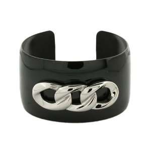 Womens Stainless Steel Black Plated Cuff Bracelet with Polished Chain 