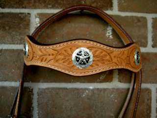 BRIDLE WESTERN LEATHER HEADSTALL CARVED TAN STAR TACK  