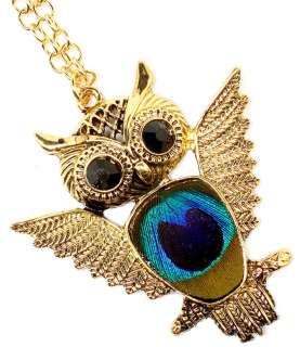 New Peacock feather jelly belly gold tone OWL pendant necklace 