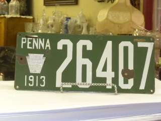 Vintage 1913 Pennsylvania Green Porcelain License Plate #26407  