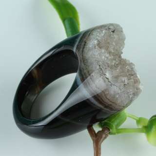 Type Druzy Geode Crystal Quartz Black Agate Gemstone Finger Ring
