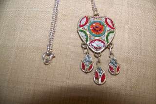   Mosaic Glass Necklace, Italy, Silvertone, Heart, 20L, Floral  