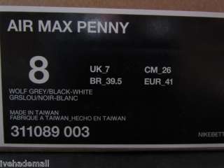 Nike Air Max Penny 1 Sz 8 Wolf grey Black Retro 311089 003  
