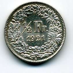 Unc. 1921B Switzerland 1/2 Franc KM 23  