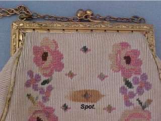Antique Small Pocketbook Purse Pettipoint ~ Gold Tone Frame Coin Purse 