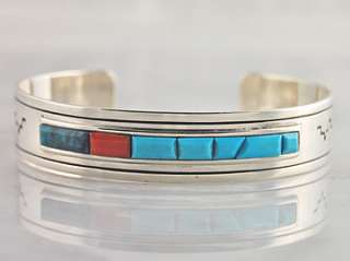 Alvin Begay Navajo Sterling Silver Turquoise & Coral Inlay Bracelet