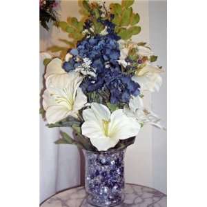 Midnight Blue Silk Hydrangea & White Amaryllis Floral  