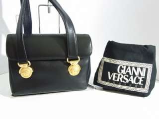   VERSACE Shoulder Bag Black Leather MEDUSA GOLD Flap Purse Bag EX