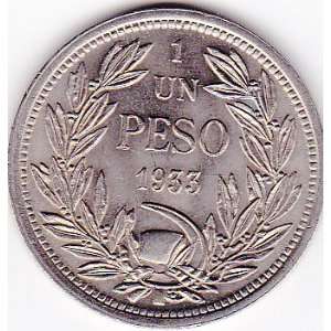  1933 Chile 1 Peso Coin 
