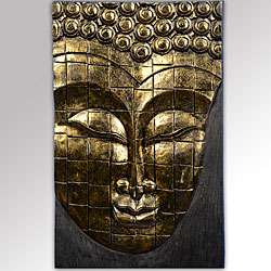 Rain Tree Wood Antique Gold Buddha Face Wall Hanging (Indonesia 