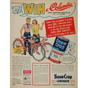 1950s Ad Snow Crop Lemonade Columbia Fire Arrow Bike   Original Print 