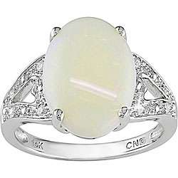 10k White Gold Diamond and Oval Opal Ring  