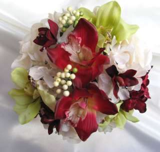 10pc wedding Bouquet Bridal flower CREAM/BURGUNDY/GREEN  