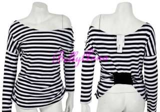 Sexy Women Off Shoulder Long Sleeve Stripes Clubwear Party HipHop Top 