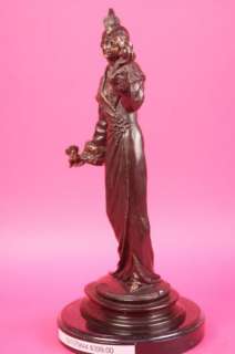 SIGNED 1940 FASHION GIRL W/ TWO DOVE BIRD BRONZE STATUE MARBLE 