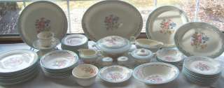 65 Pcs E Knowles China Dinnerware Multicolored Floral Blue Band Gold 