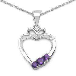 Sterling Silver Genuine Amethyst 3 stone Open Heart Necklace 