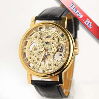 Fashion Clear Skeleton See Through Mechancial Leather Mens Wrist Watch 