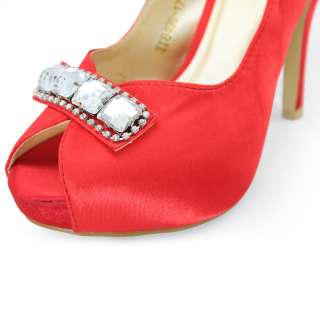   red satin rhinestones dress peep toe platform high heels shoes  