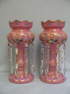 12 Cased Glass Antique 1880s Pink Lusters with Long Glass Prisms for 