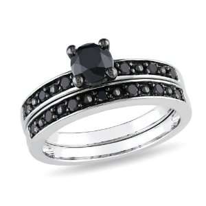 10K White Gold, Black Rhodium Plated, Black Diamond Wedding Ring Set 