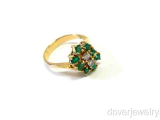Estate Diamond 18K Gold Green Emerald Cluster Ring NR  