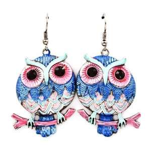 Retro Pink and Blue Round Owl Cute Fashion Earrings
