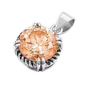   Silver Round Champagne CZ Solitaire Antique Style Pendant Jewelry
