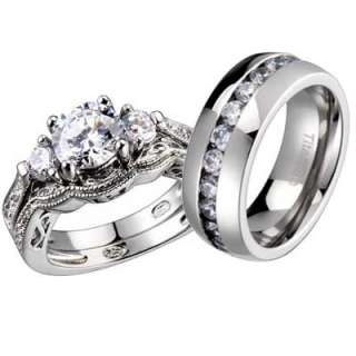   Her Titanium Antique Sterling Silver Round CZ Wedding Bridal Ring Set