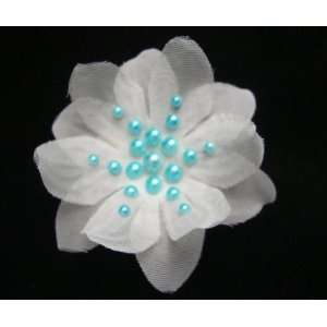   Small White Flower with Light Blue Pearls Hair Clip, Limited. Beauty