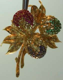 18k yellow gold ruby emerald sapphire flower pin brooch estate 