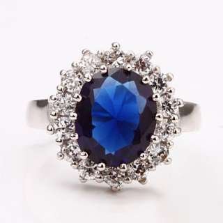 R61 18K white Gold plated blue gem Swarovski crystal Ring size 8 