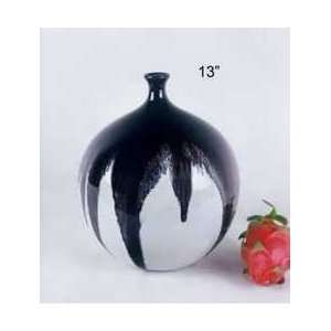  13in Ceramic Vase   White Black Drip
